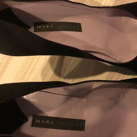 Marc Jacobs Black Satin Open Toe Heels with Rhinestone Bow Size 9 - Picture 3 of 8